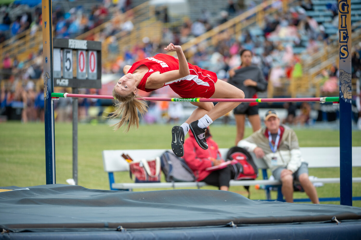 Chatham Central’s Kailey Green clears 5ft-2in to place 4th in the high jump during the Track and Field State Championship at North Carolina A&T in Greensboro, N.C. on Friday